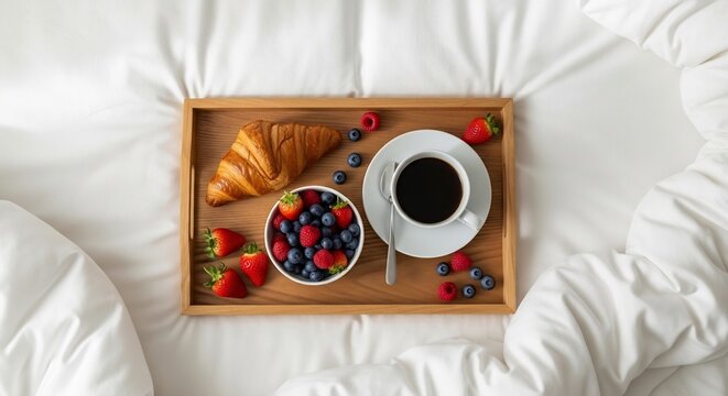 Delicious Breakfast Tray with Coffee and Fresh Berries on White Bedding.