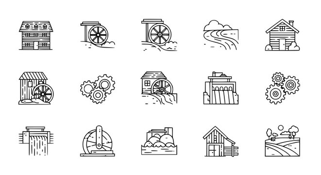 Minimal water mill outline icon set with traditional water wheel, mill building, and rural landscape symbols