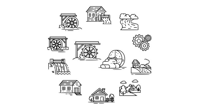 Modern water mill outline icons collection with water wheel, mill building, and rural landscape illustrations