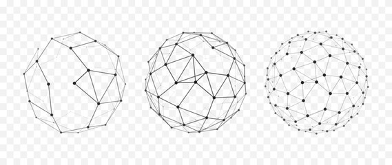 Abstract polygonal wireframe spheres set with connected dots and lines, futuristic low poly globe mesh collection isolated on transparent background for technology design © ket4up