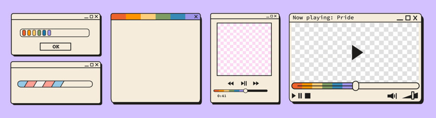 Retro computer media player windows with rainbow pride loading bars. Vintage y2k video player frames, music interface, transgender flag progress bar, and nostalgic browser popups for digital design. © millering