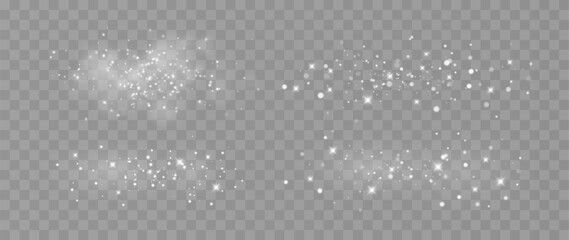 Set of white sparkling particles and bokeh light overlays isolated on transparent background, glowing dust effects collection with soft magic shimmer for design use