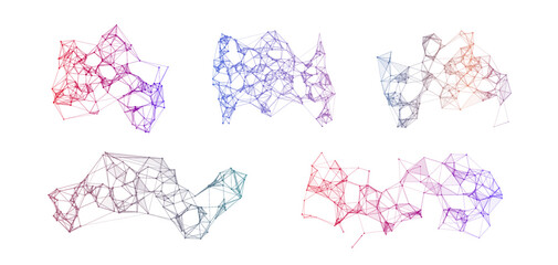 Set of abstract plexus network structures with colorful gradient lines and connected dots, futuristic polygonal mesh shapes collection for technology, data visualization and digital design © ket4up