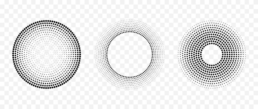 Set of abstract dotted circles and halftone rings with radial perspective effect, monochrome dot patterns isolated on transparent background