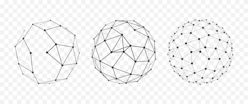 Abstract polygonal wireframe spheres set with connected dots and lines, futuristic low poly globe mesh collection isolated on transparent background for technology design
