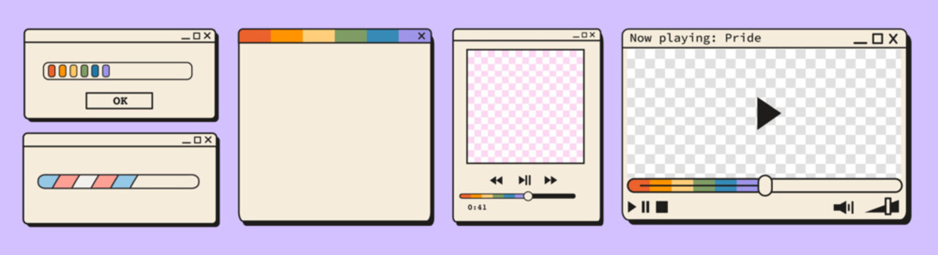 Retro computer media player windows with rainbow pride loading bars. Vintage y2k video player frames, music interface, transgender flag progress bar, and nostalgic browser popups for digital design.