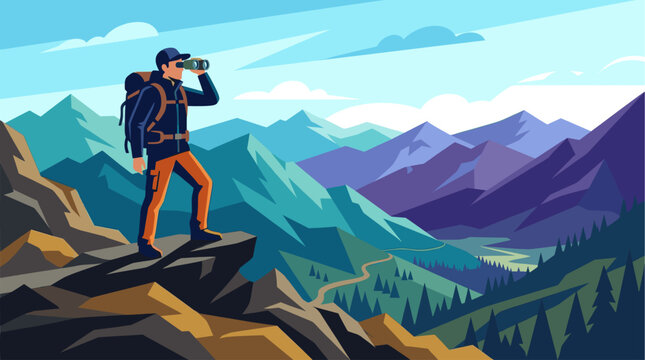 A man with a backpack stands on a rocky peak, looking through binoculars at a vast, stylized mountain range under a cloudy sky.