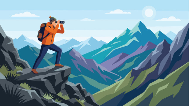 A lone hiker in an orange jacket stands on a rocky peak, looking through binoculars at a vast mountain range under a clear blue sky.