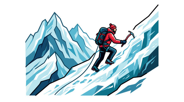Stylized illustration of a determined climber in red gear scaling a steep, blue-toned ice-covered mountain with an ice axe, conveying adventure and achievement.