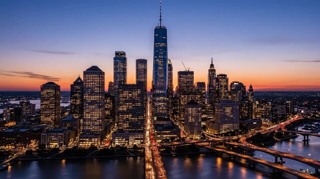 Dramatic Sunset Over Cityscape with Modern Architecture Bridges and Glowing Lights in Evening Blue and Orange Sky
