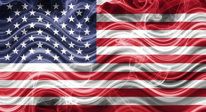 A high-resolution artistic rendering of the United States national flag depicted as elegant, flowing ribbons of vibrant red, white, and blue smoke swirling together to create a patriotic composition.