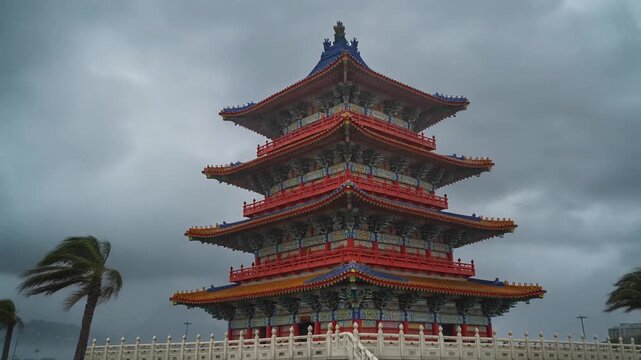 Chinese pagoda temple with red roofs and balconies under stormy cloudy