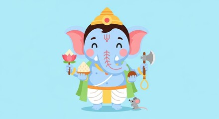 Naklejka premium Cute Cartoon Ganesha Character in Pastel Colors for Kids Friendly Festival Design