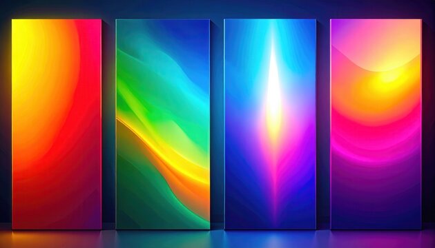 Une collection de quatre panneaux verticaux affichant des d&eacute;grad&eacute;s abstraits vibrants et lumineux avec des effets de lumi&egrave;re n&eacute;on color&eacute;s.