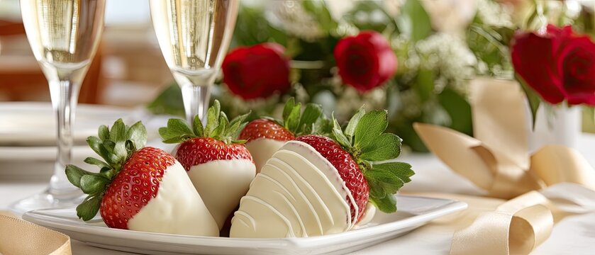 White chocolate-covered strawberries with champagne and red roses on a table for celebration or special occasion
