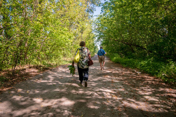 Obraz premium Active Senior Couple Walking on a Scenic Forest Trail During a Sunny Summer Day