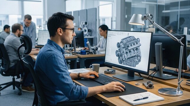 Automotive engineer designing a 3D model of a new engine on a computer in a busy research and development office.