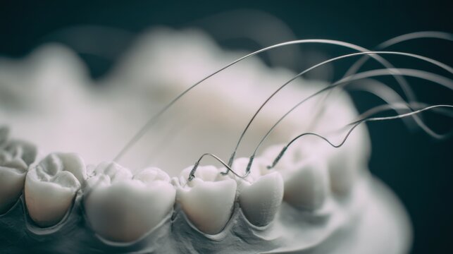 Detail of a nickeltitanium wire being contoured over a plaster dental model highlighting the flexibility and smooth bends under focused lighting conditions.