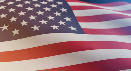 Obraz premium A high-quality close-up shot of the American flag waving gracefully in the gentle breeze, showcasing the vibrant red, white, and blue colors of the iconic Stars and Stripes in a cinematic display.