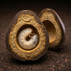 Naklejka premium Cross section of a dung beetle brood ball showing a detailed grub larva developing inside