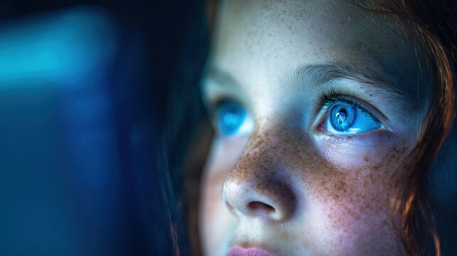 Young girl focuses on screen light in dark room during evening time