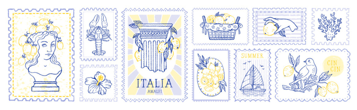 Italian summer poster with Mediterranean lemon pattern, vintage stamp frame. Italian coastal design with summer beach border, Greek column statue, lemon. Italy postcard, Amalfi seafood doodle stamp bg