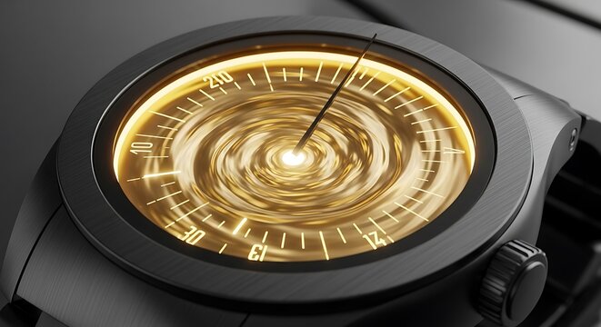 Abstract golden clock face with a swirling time vortex and glowing light representing infinity and the speed of time.