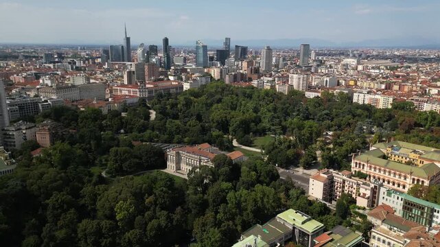 Europe, Italy, MIlan 03,30,2026 drone aerial view of Milan downtown fashion district , Corso Venezia , natural history museum and new skyline, skyscrapers in Gae Aulenti Garibladi and Duomo Cathedral