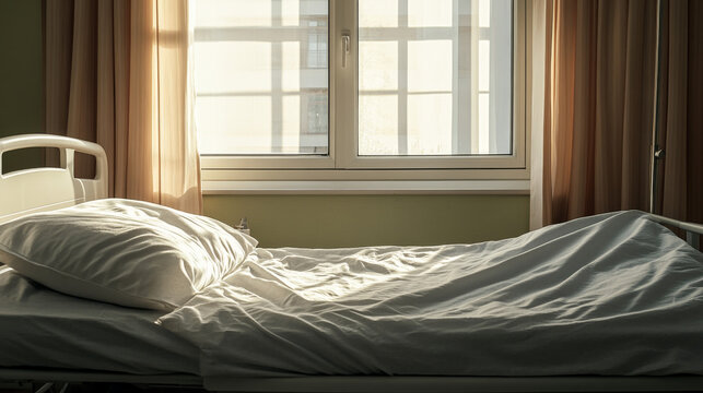 A powerful absence-focused image showing a hospital bed after a patient has passed. Quiet, respectful, and highly emotional with strong editorial and healthcare storytelling potential.