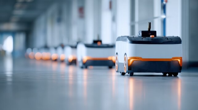 Multiple autonomous carts moving in synchronized paths through a clean medical supply corridor foreground robot sharply detailed against a blurred background.