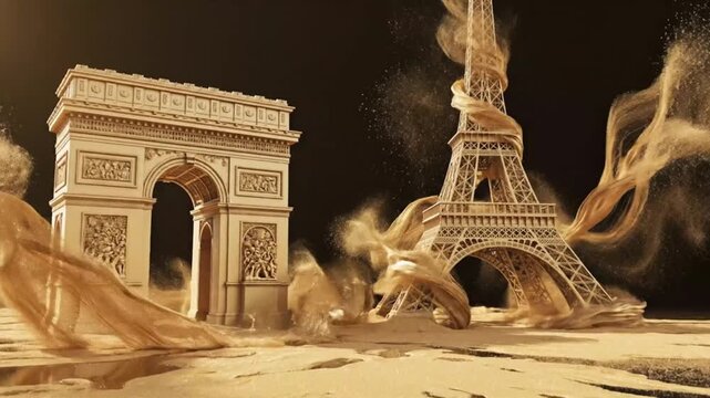 Monumental structures burning with smoke rising near Arc de Triomphe and Eiffel Tower