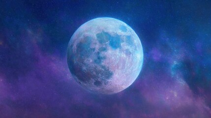 Fototapeta premium Bright moon shines in space with colorful nebula background