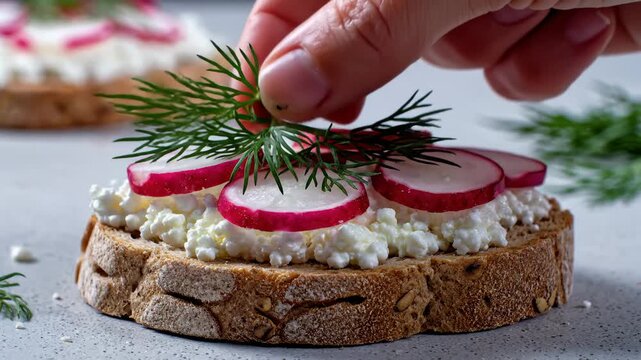 Close-Up of a Hand Garnishing a Delicious Open-Faced Sandwich With Fresh Dill