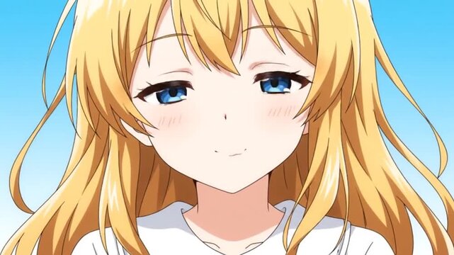 Blonde anime girl smiling against a clear blue sky background