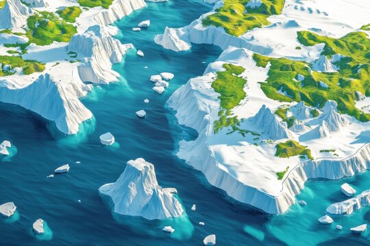 Vue a&eacute;rienne d'un paysage arctique avec des icebergs blancs, de l'eau turquoise et de la v&eacute;g&eacute;tation verte symbolisant le changement climatique.