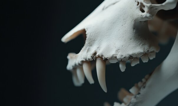 Vue rapproch&eacute;e macro d'un cr&acirc;ne animal avec des canines pointues et une structure osseuse complexe isol&eacute;e sur un arri&egrave;re-plan noir.