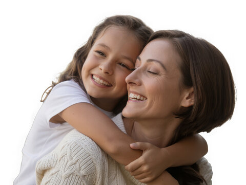 Smiling little girl hugging her mother isolated on transparent background