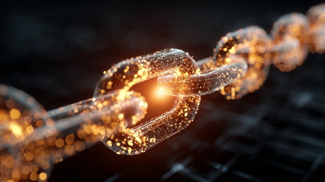 Glowing blockchain chain links breaking into digital particles concept of decentralization cryptocurrency and financial disruption