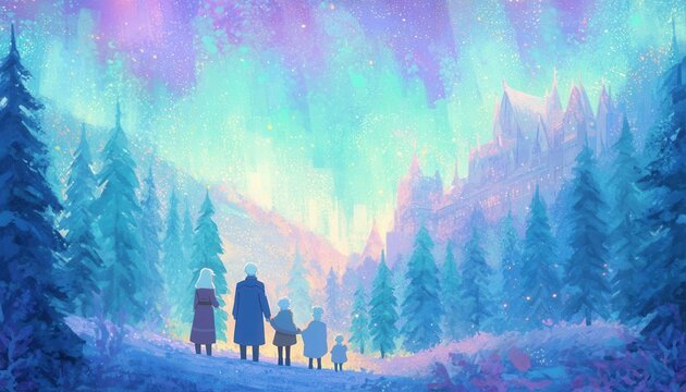 Une famille se prom&egrave;ne dans une for&ecirc;t enneig&eacute;e magique sous une magnifique aurore bor&eacute;ale aux couleurs pastel vibrantes et f&eacute;eriques.