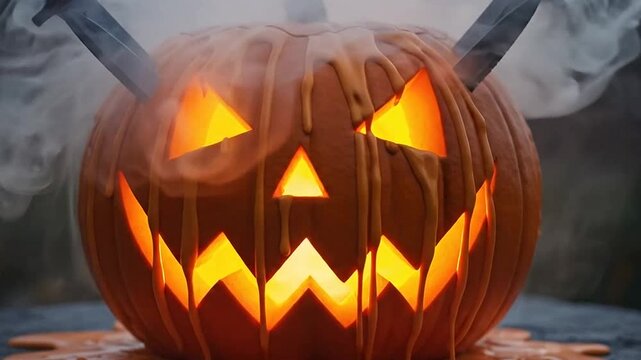 Spooky jack o'lantern with glowing eyes.