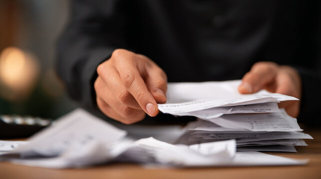 Close-up of Hands in Black Clothing Organizing Funeral Invoices and Receipts, Financial Bureaucracy After Death Concept