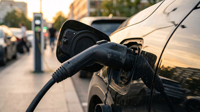 Electric vehicle charging at public station, black EV car plugged into power supply on city street, sustainable transportation and green energy concept