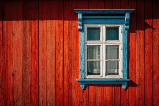 Rustic wooden wall with a bright blue framed white pane window
