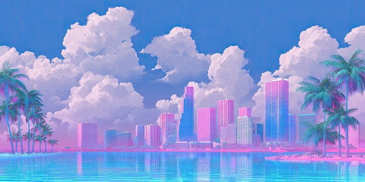 Pastel skyline reflected in calm water under a cloudy sky with palm trees
