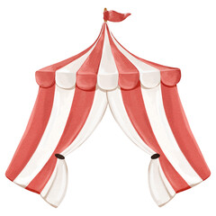 Circus tent with red stripes, isolated clipart, watercolor illustration. Great for party decor, invitations, nursery posters, kids branding, festive packaging and carnival themed design © Eva Gentle