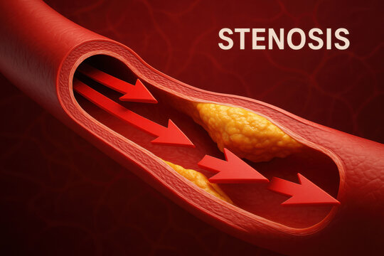 Medical illustration of stenosis, dangerous narrowing inside blood vessel. Red arrows show constricted blood flow caused by cholesterol and plaque deposit on an artery wall