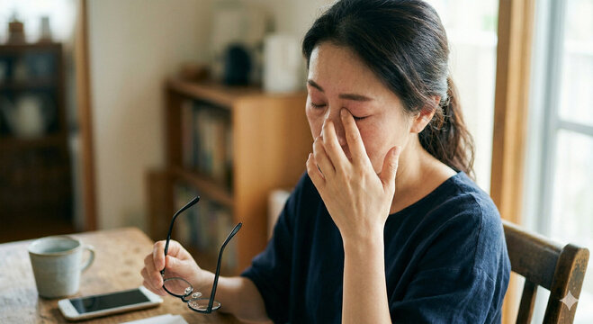 眼鏡を外して目をこする日本人女性。眼精疲労、老眼、またはアレルギーによる目のかすみや痛み
