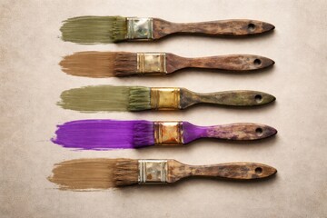 Fototapeta premium Five vintage paint brushes with colorful strokes on a textured background