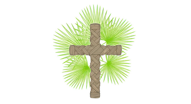 Woven Palm Cross with Green Fronds - Religious Symbol, Easter, Palm Sunday