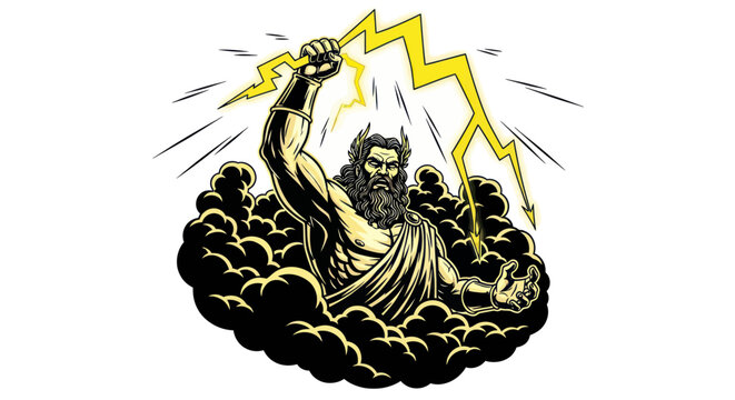 Zeus, Greek God of Thunder, Holding Lightning Bolt Amidst Clouds